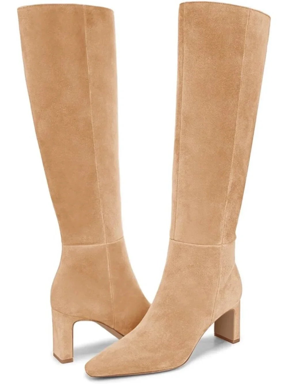 Women's Khaki Chunky Heel Pointed Toe Faux Suede Side Zipper Knee High Boots